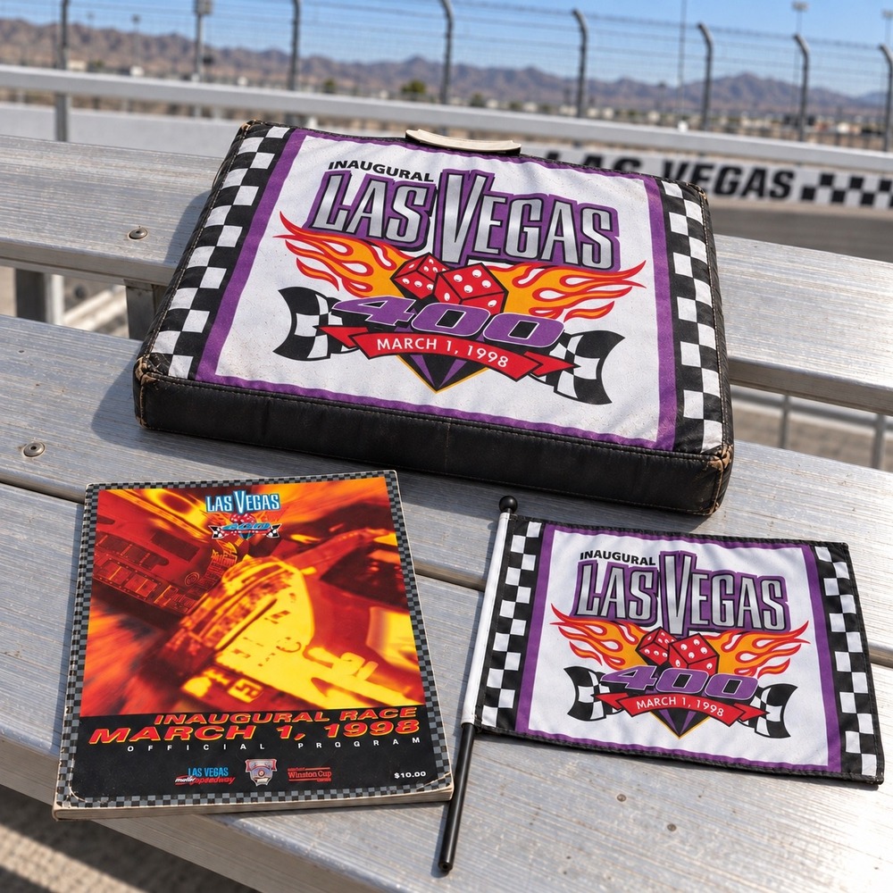 Vintage 1998 Inaugural Las Vegas 400 NASCAR Program Flag and Seat Cushion Set